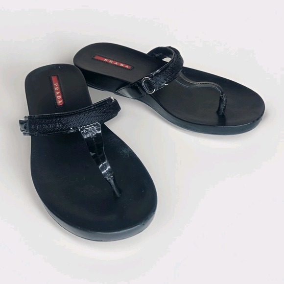 Prada Sport Black Leather Thong Sandals‎ Flip Flops Slides Size 36.5 US 6.5